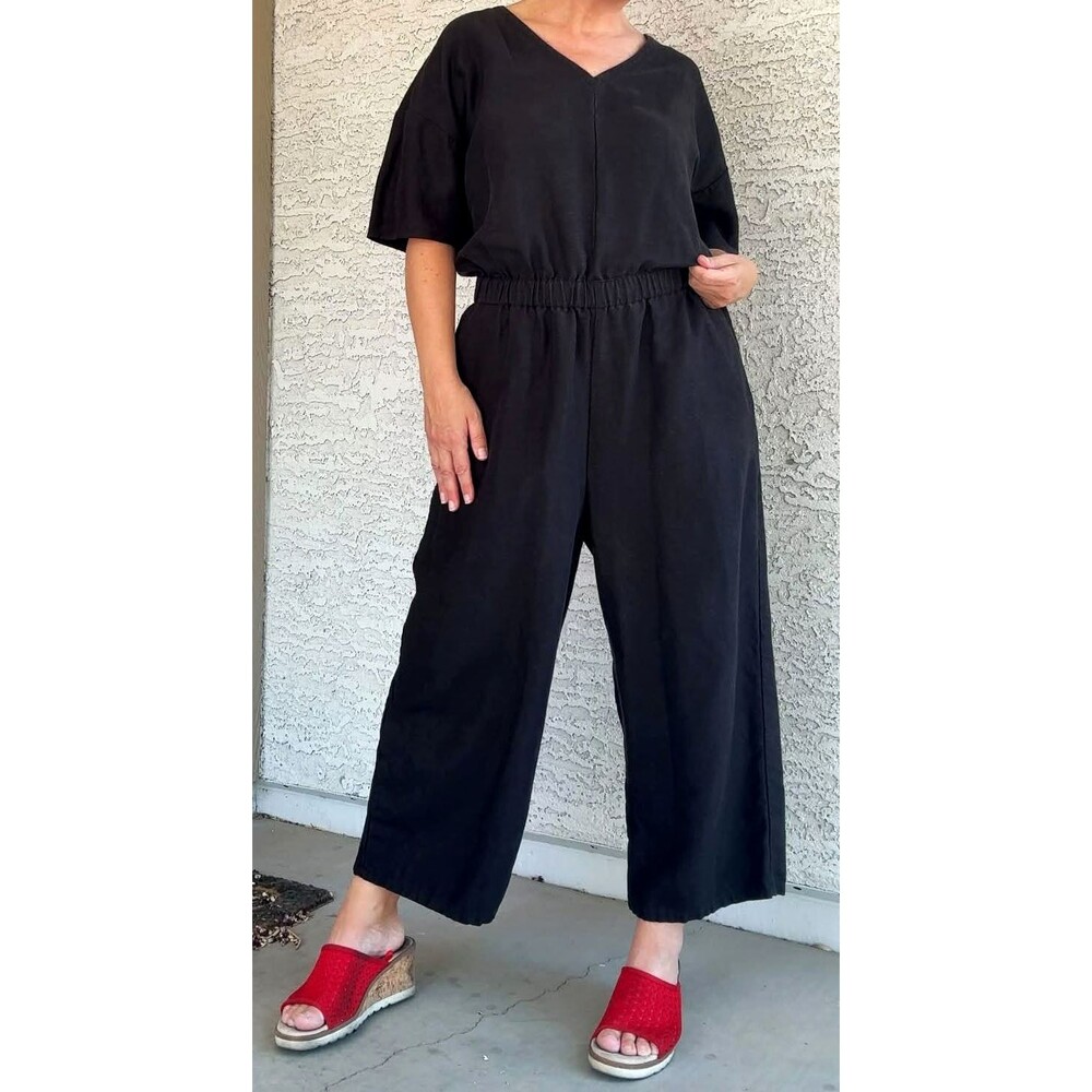 Eileen Fisher Large Linen Blend Jumpsuit Black Casual Minimalist Wide Leg V-Neck